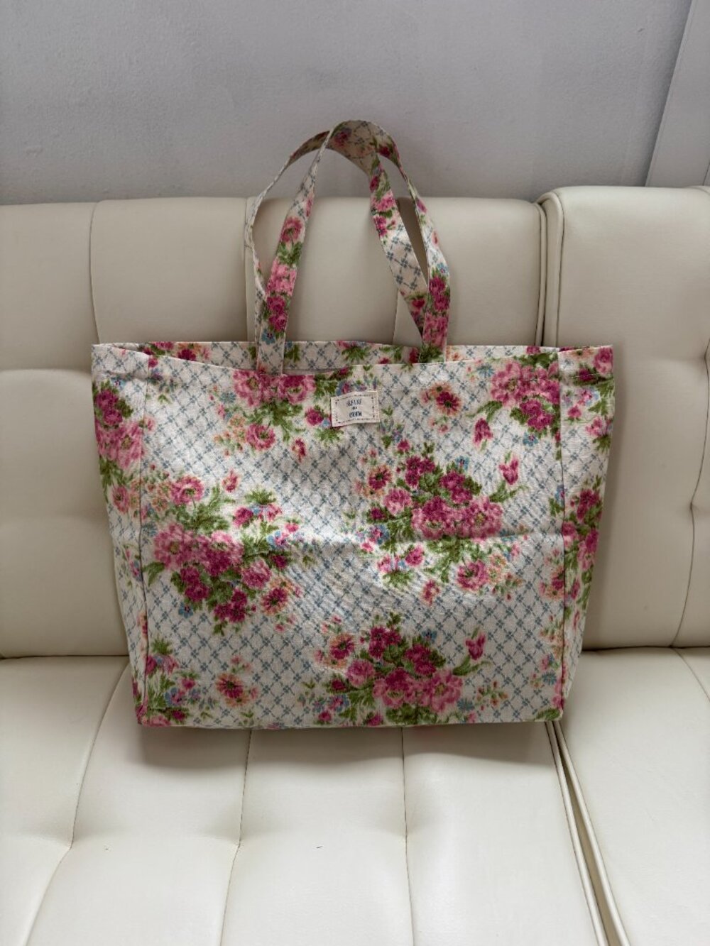 Sézane x Andion limited edition canvas tote, blue plaid pink floral print, NWOT